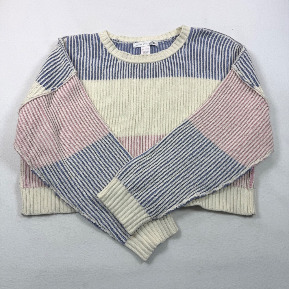 Altar'd State Womens Cropped Ribbed Knit Sweater Colorblock Pink Blue Large